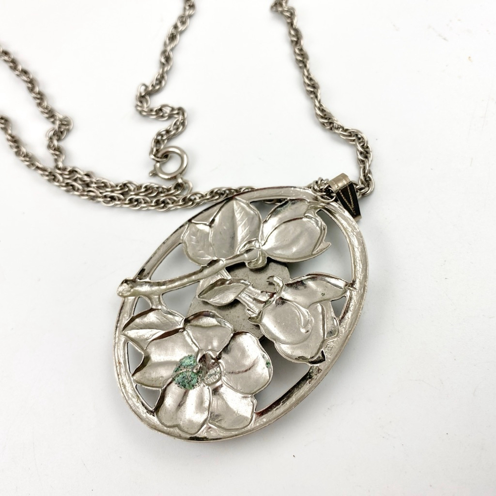Vintage Pewter Purple White Banded Agate Silver Floral Pendant Necklace. - Picture 4 of 6